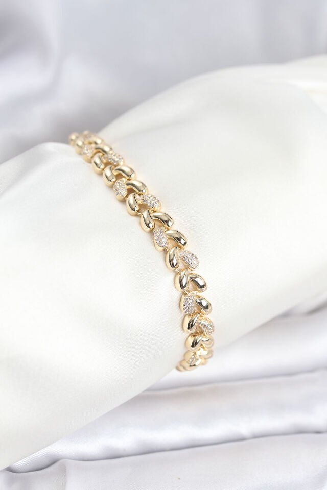 Pirinç Gold Renk VIP Seri Sarmal Damla Model Zirkon Taşlı Kadın Bileklik - Lisinya