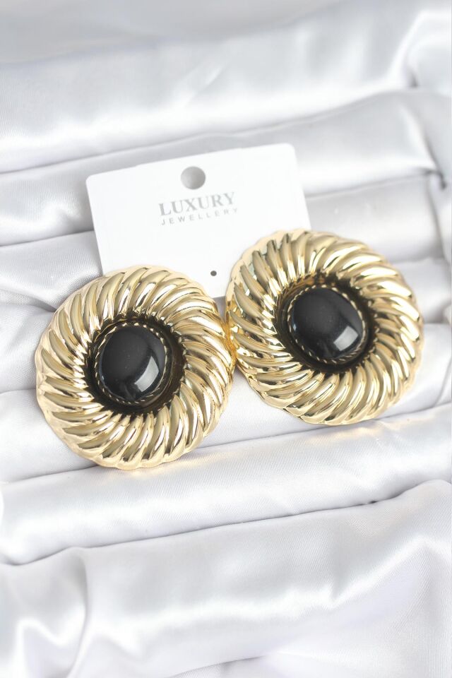 Pirinç Gold Renk Siyah Boncuklu Vintage Kadın Küpe - Lisinya