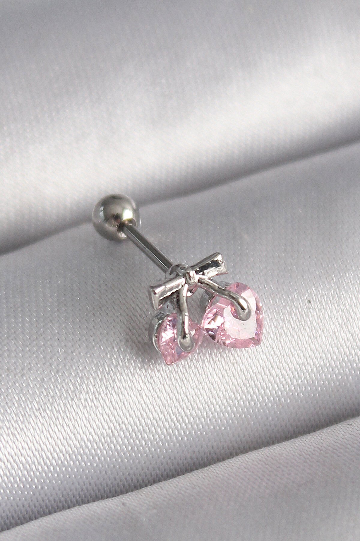 316L Çelik Gümüş Renk Pembe Zirkon Taşlı Kalp Tragus Piercing - Lisinya