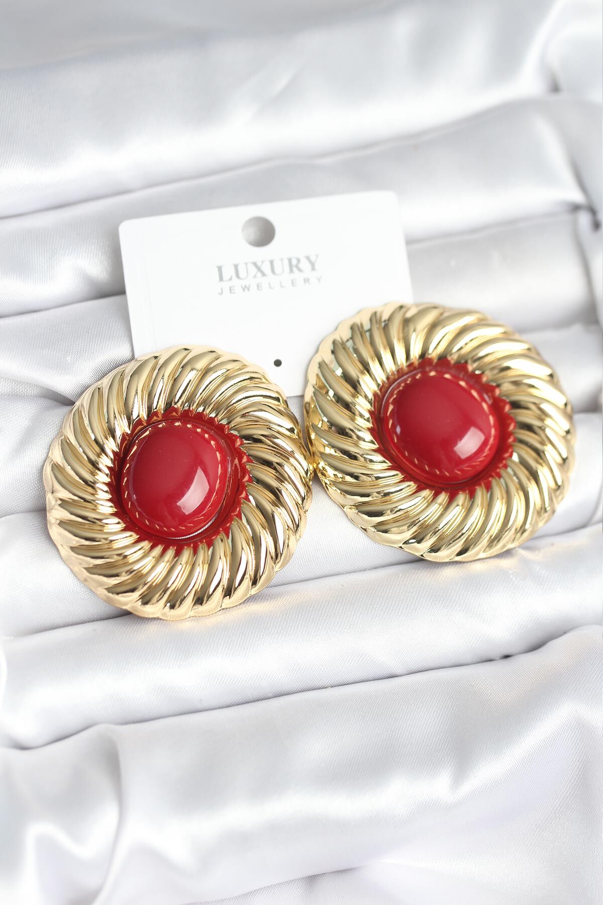 Pirinç Gold Renk Bordo Boncuklu Vintage Kadın Küpe - Lisinya